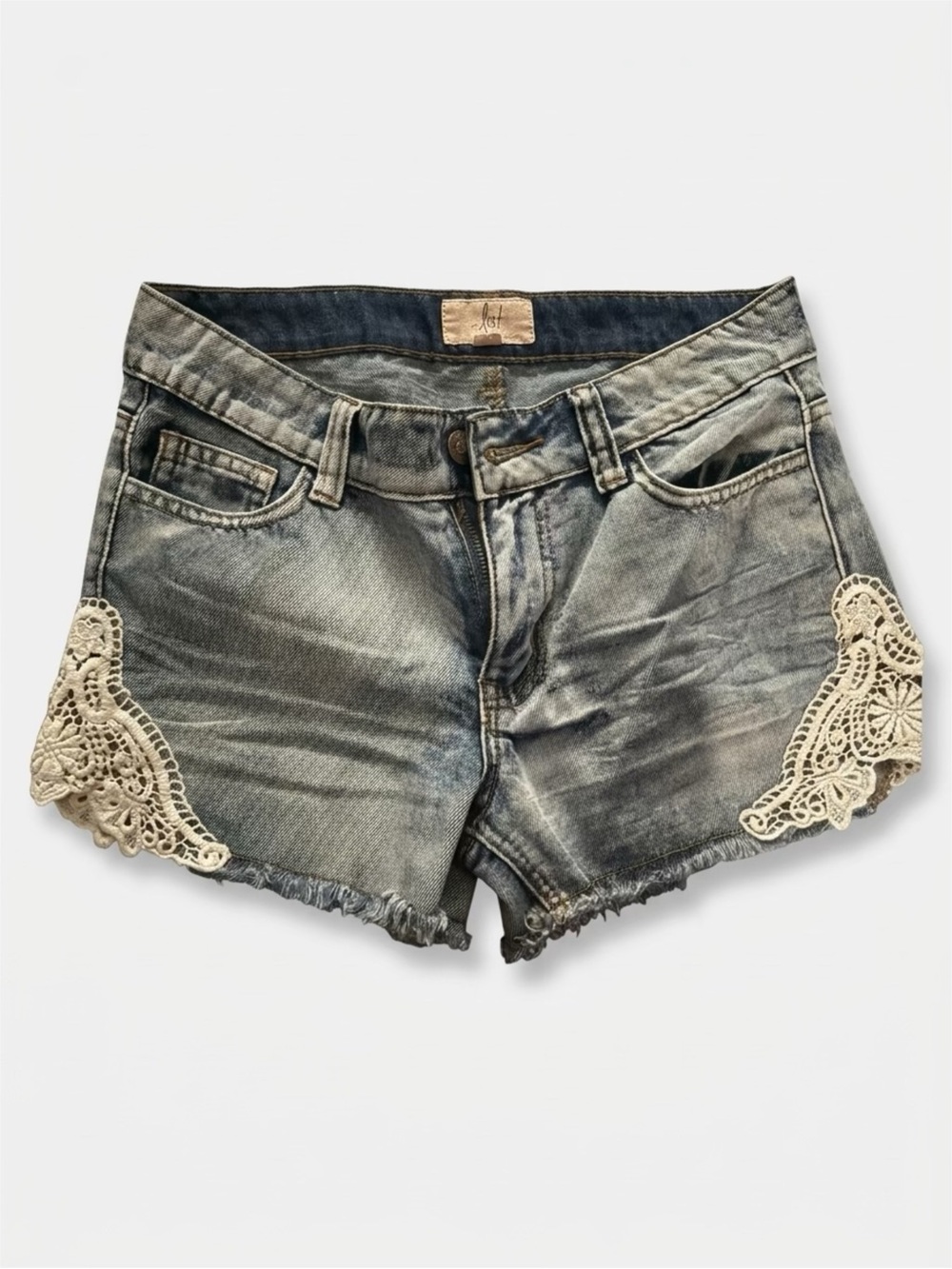 Lost Denim Shorts with Cream Crochet Trim - Faded Blue